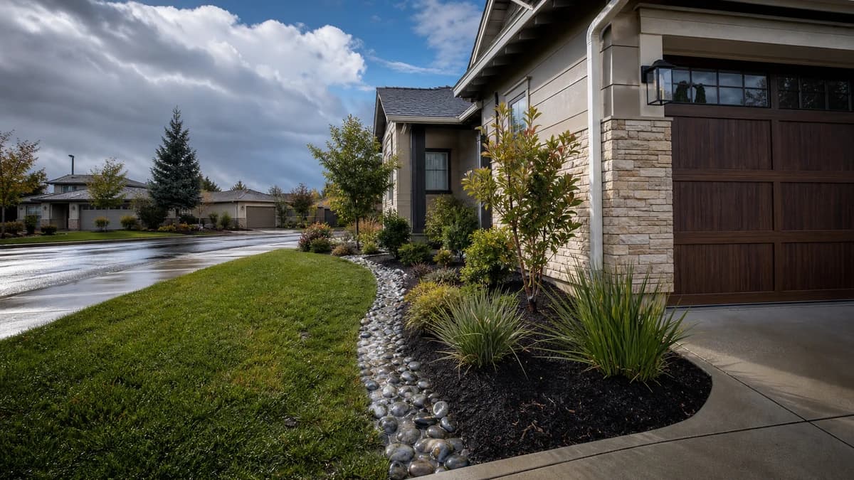 South Bay home after rain with landscaped drainage and runoff control.