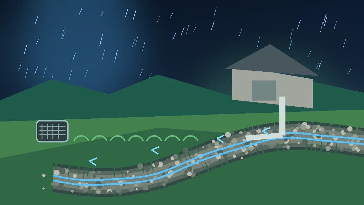 Landscaped South Bay yard with a dry creek swale and rainwater drainage cues.